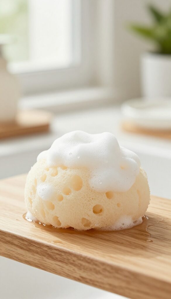 A soft, wet konjac sponge on a wooden shelf with natural light and blurred green plants in the background.