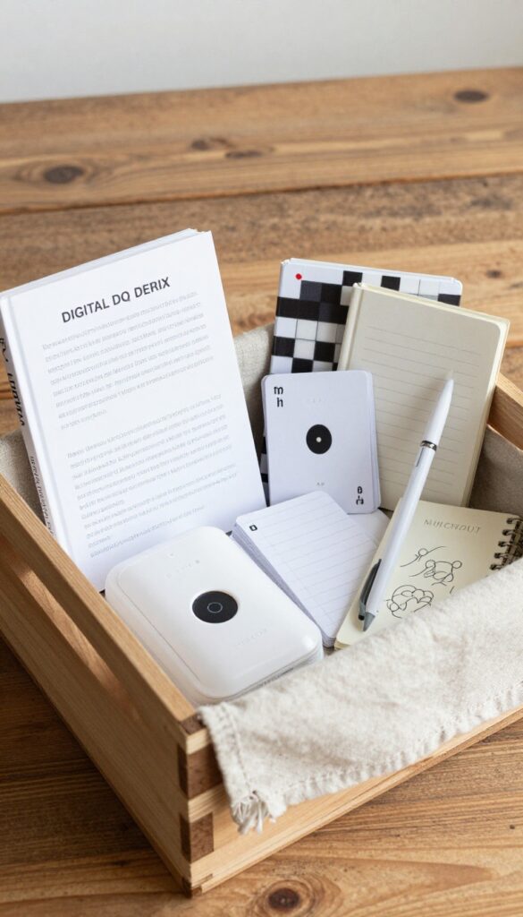 Digital detox gift basket with phone lock box, crossword book, cards, journal, and pen in a wooden crate on a rustic table
