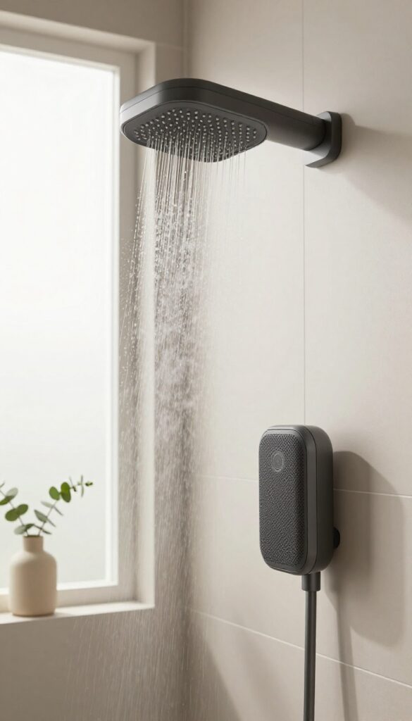 Waterproof speaker mounted on shower tile with steam and natural light