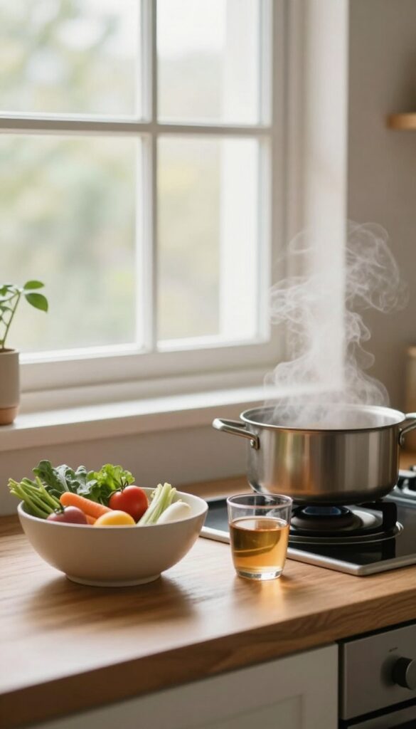 Cozy kitchen with fresh vegetables and simmering pot on stove, natural light, steaming tea, warm atmosphere.