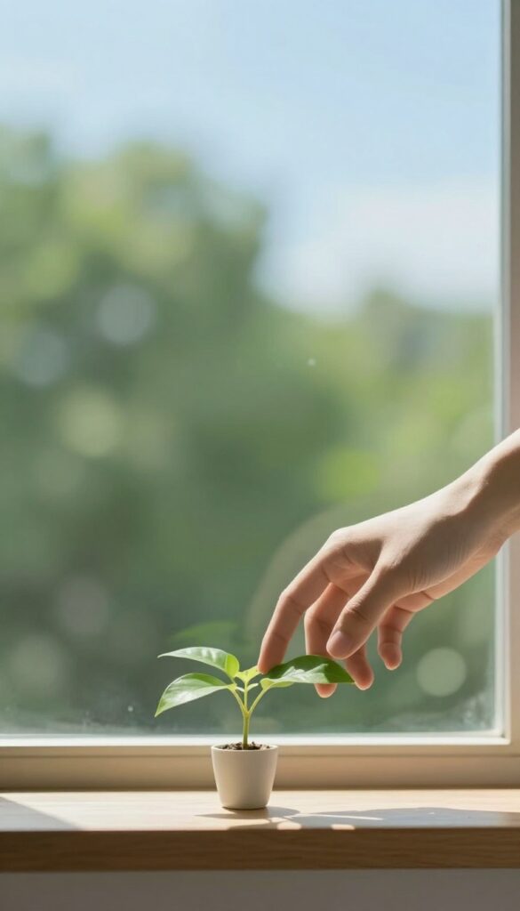 Person touching plant leaves on windowsill with natural light and green view outside