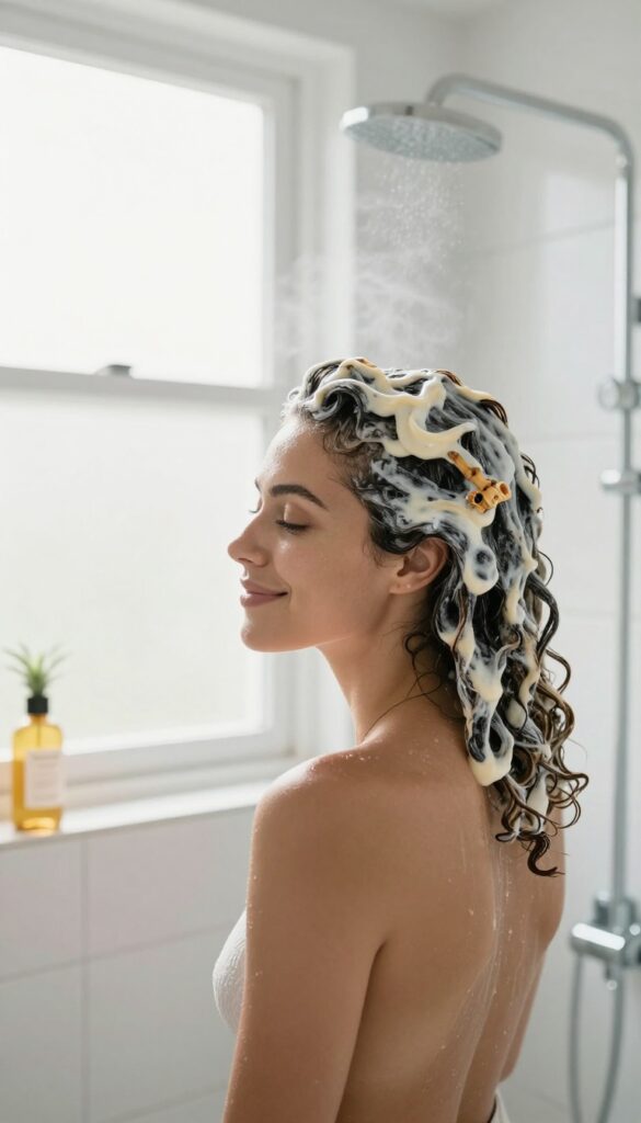 Woman in shower with hair mask applied, smiling, natural light, spa-like bathroom