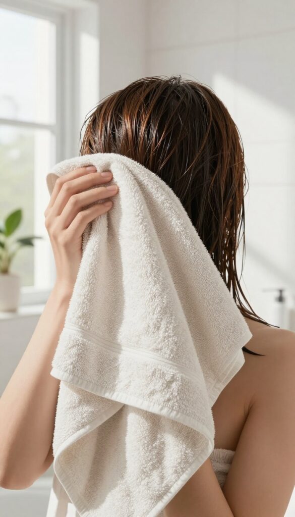 Woman wrapping microfiber towel around damp hair in bright bathroom