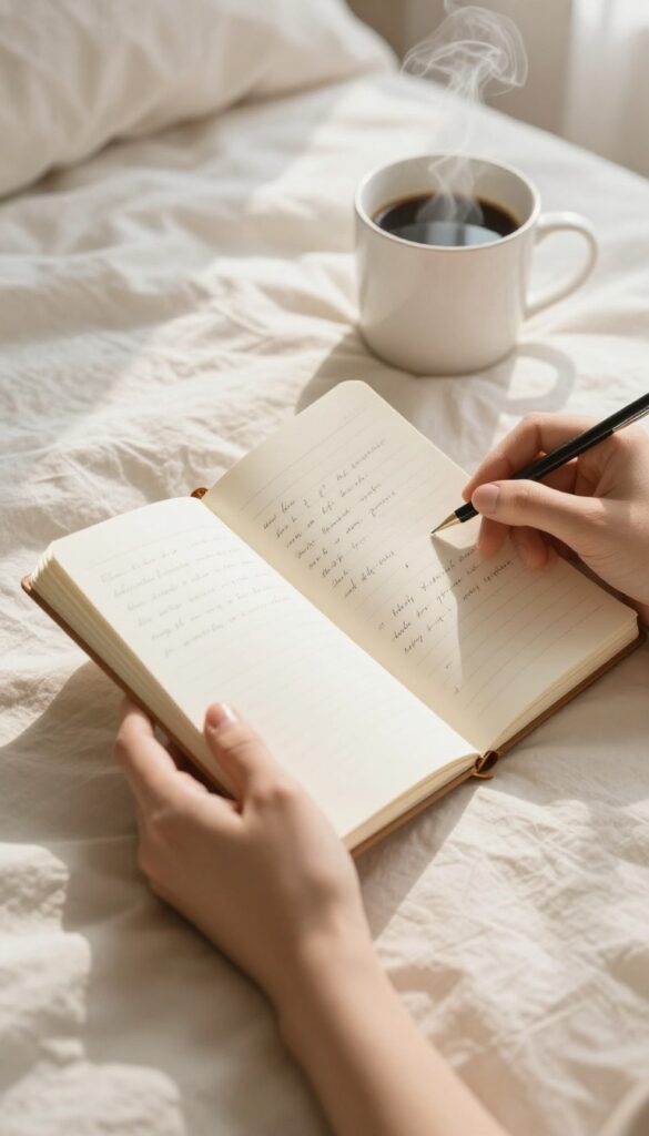 A person writing in a gratitude journal on a bed with a coffee mug nearby, bathed in soft morning light.