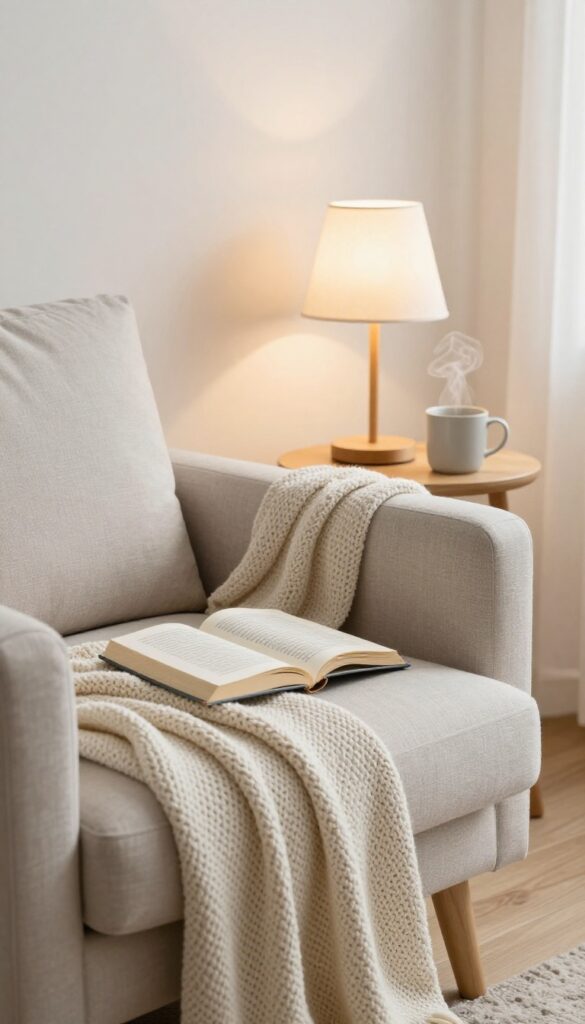 Cozy reading nook with a physical book, warm lamp, and blanket in a serene bedroom