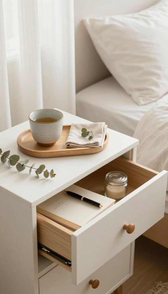 Decluttered nightstand with organized drawer and cozy fall decor