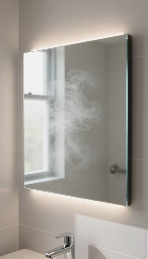 Fogless shower mirror with LED light mounted on tiled wall, showing clear reflection in steamy shower