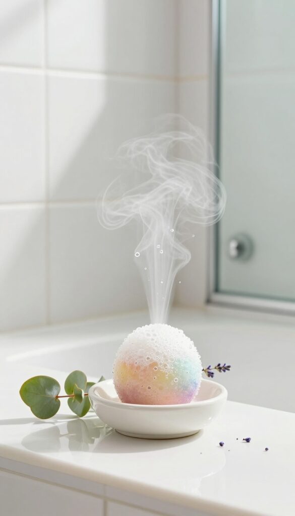 A shower steamer fizzing on a dish in a bright bathroom shower, releasing aromatherapy steam with eucalyptus and lavender nearby.
