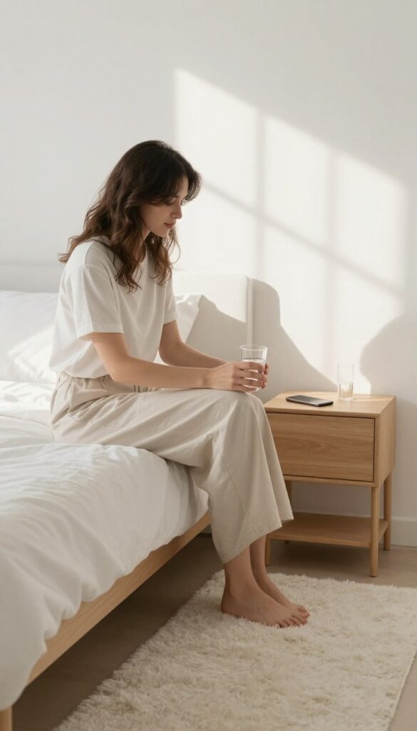Woman sitting on bed in morning light, drinking water, phone on nightstand, screen-free morning routine