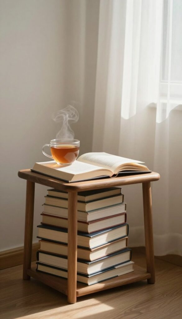 A person reading a book in bed with morning light, tea nearby, cozy and inspiring self-care morning routine.