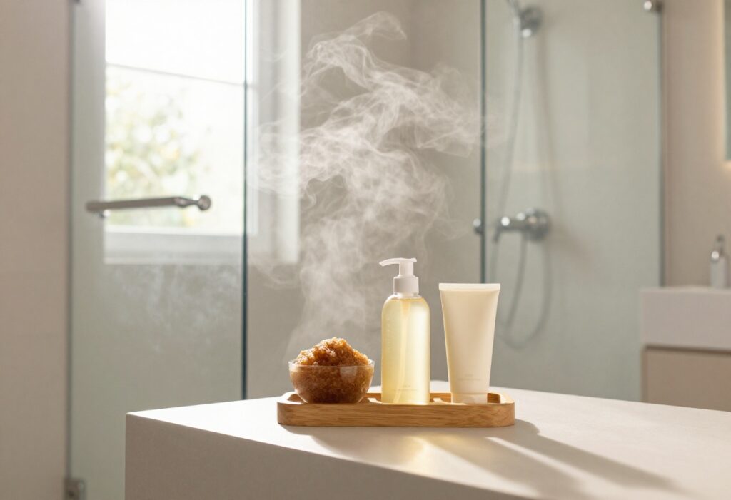 Cozy bathroom with vanilla shower products in a wooden caddy, steam rising, warm lighting.