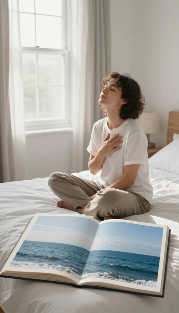 Person taking a deep breath beside a vision board with an image of a calm ocean, symbolizing emotional release.