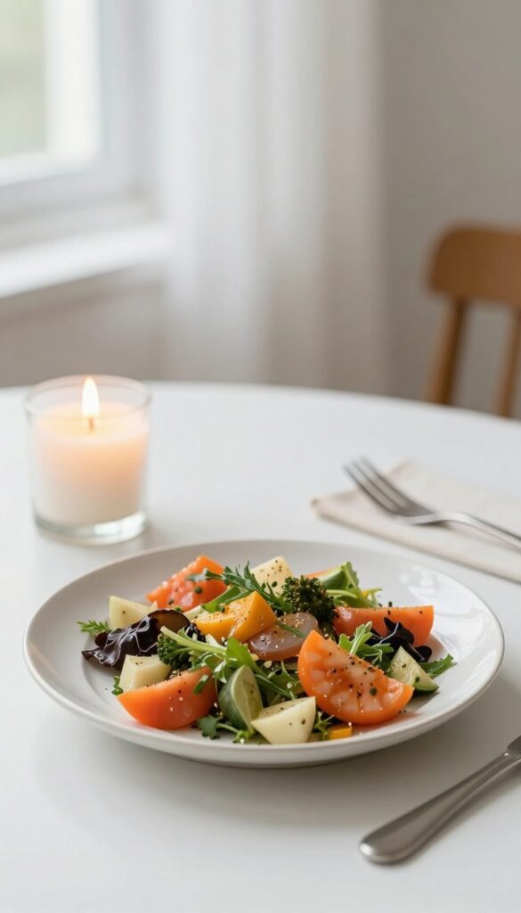 A peaceful meal setting with no screens, featuring a plate of healthy food, a lit candle, and soft natural light.