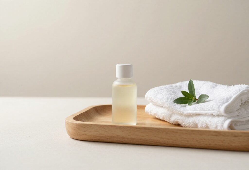 Aesthetic body care setup with body oil, towel, and plant on a wooden tray in a bright bathroom