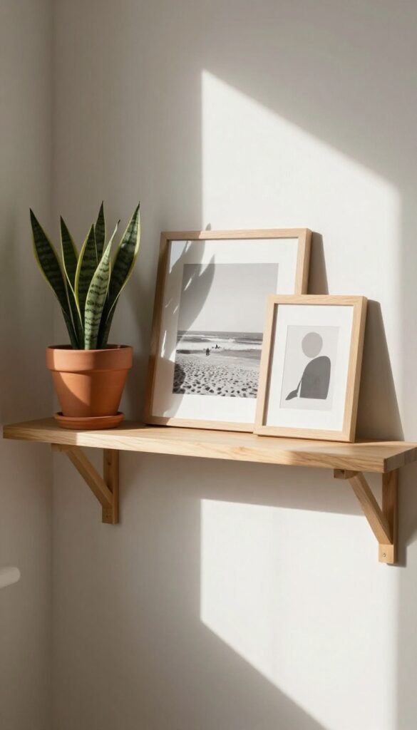 A cozy shelf with a framed photo, a small snake plant, and abstract art in soft natural light