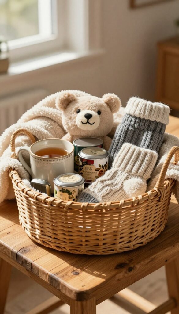 Warm and toasty gift basket with heated blanket, tea, socks, and plushie