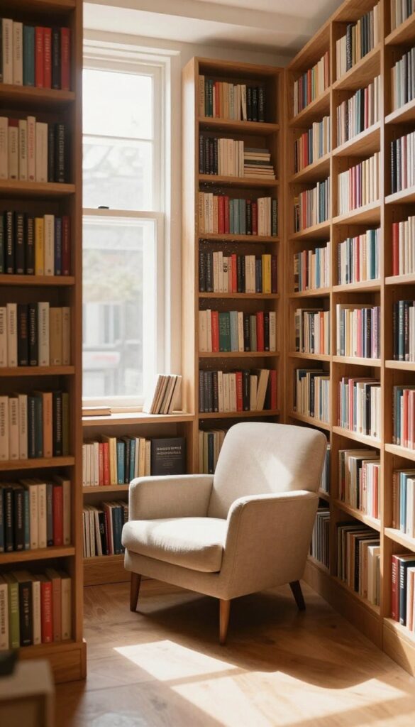 Cozy bookstore interior with wooden shelves and an armchair in natural light