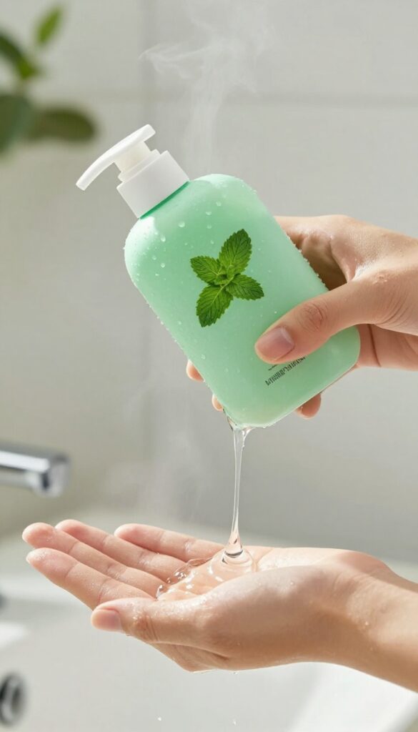 Person holding mint-infused shampoo in a bright shower, with water droplets and steam, emphasizing freshness and energy.