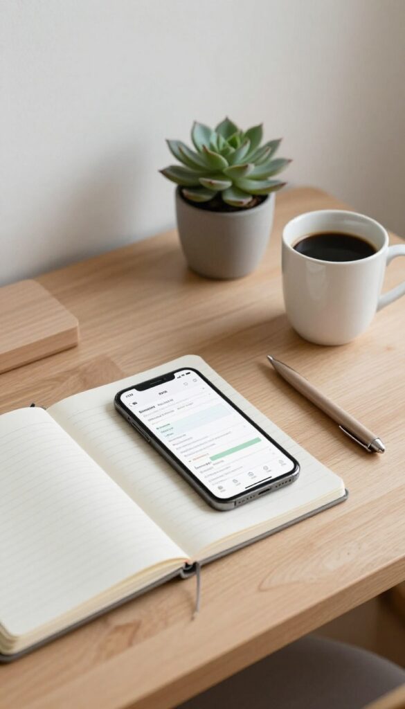 A person's hands holding a smartphone with a budgeting app open, next to a notebook and pen on a tidy desk.