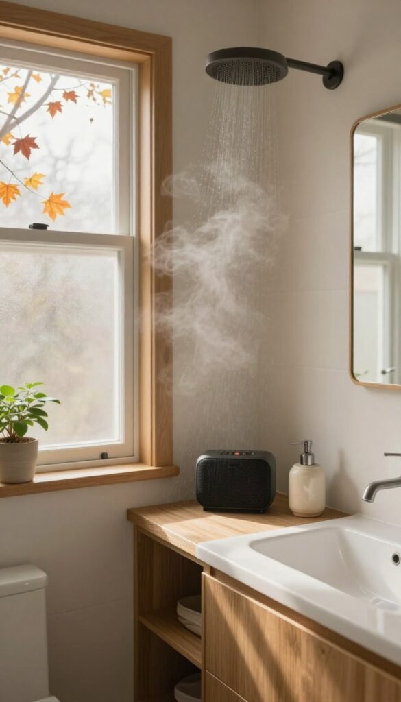 Cozy fall shower with waterproof speaker and autumn ambiance