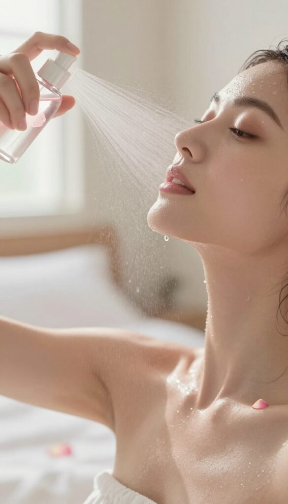 Woman spritzing cool rose water mist on her face and neck after a shower, with soft natural light and serene bedroom background.