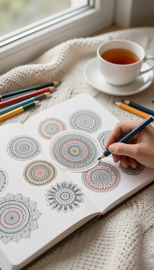 Open adult coloring book with mandala designs and colored pencils in a cozy setting