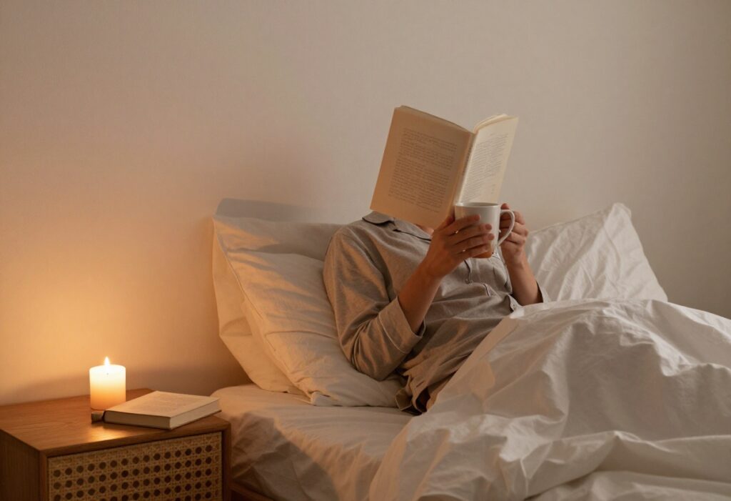 Cozy self-care night scene with tea, book, and candle