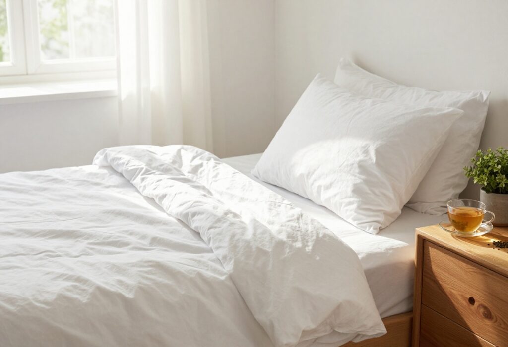 Peaceful bedroom with soft lighting, tea, and a plant