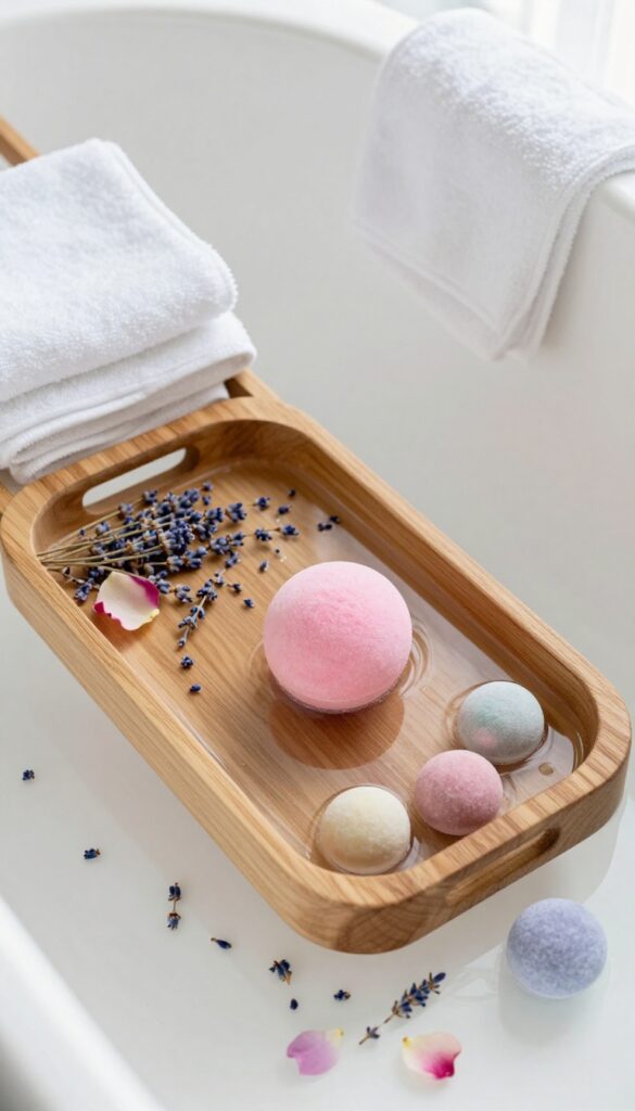 Bath bombs and dried flowers on a wooden tray beside a bathtub