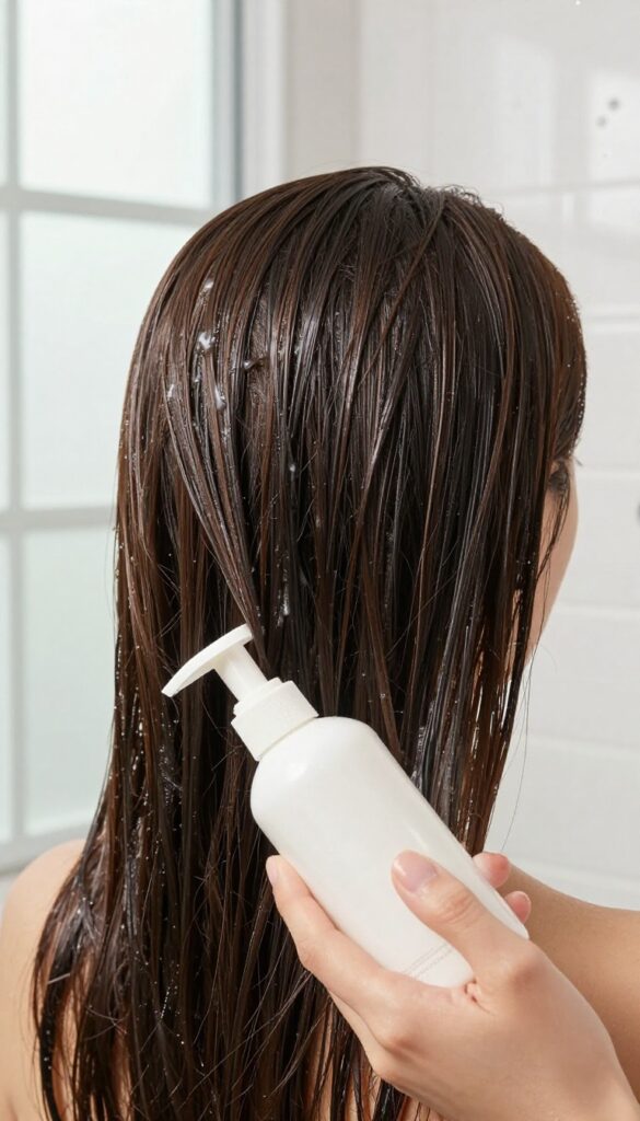 Woman applying conditioner to wet hair in bright shower