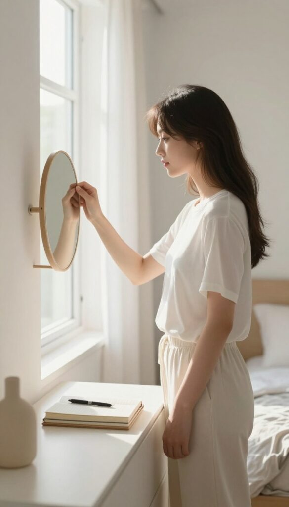 Woman affirming her strengths in front of a mirror during a productive morning routine