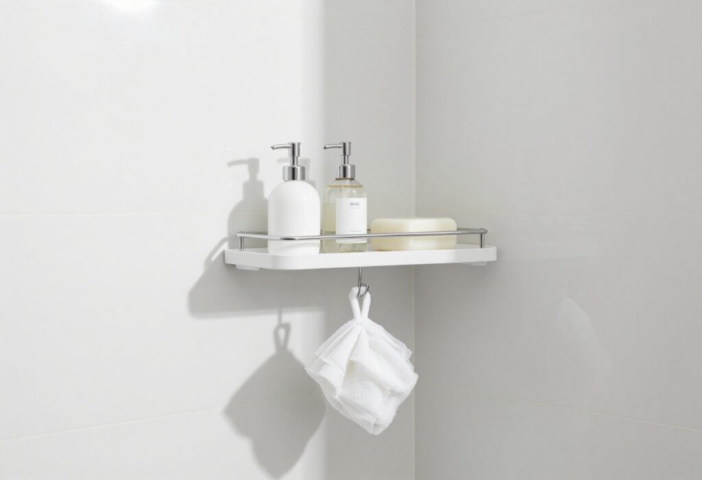 Organized shower with tension rod caddy, corner shelf, and hanging loofah in a bright bathroom