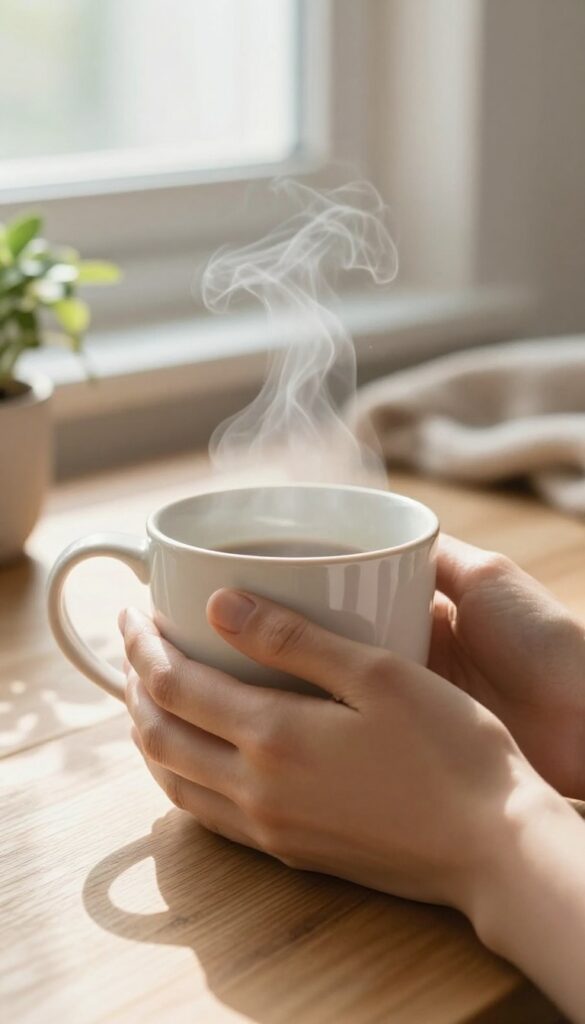 A person holding a warm mug of tea or coffee with steam rising, set on a wooden table by a sunlit window, evoking a calm and mindful morning routine.