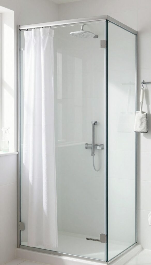 Clean shower with squeegee and vinegar spray bottle on shelf