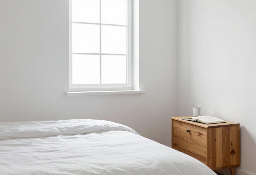 Peaceful bedroom with made bed and glass of water in soft morning light