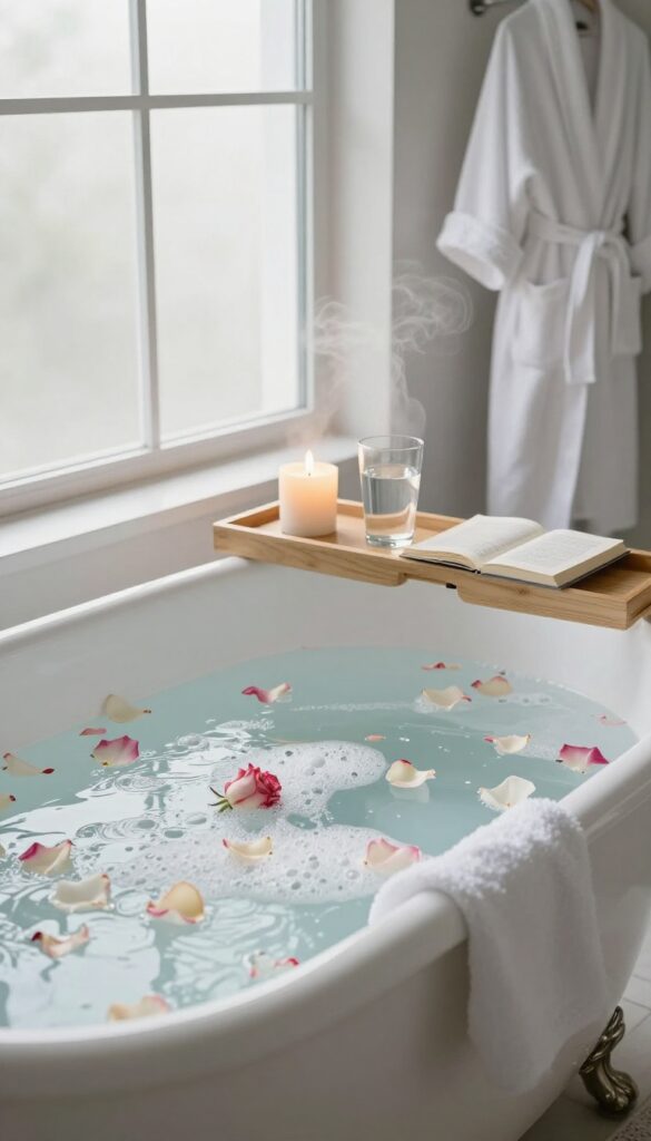 Serene bathroom with clawfoot bathtub, candle, and steam for a relaxing bath self-care idea.