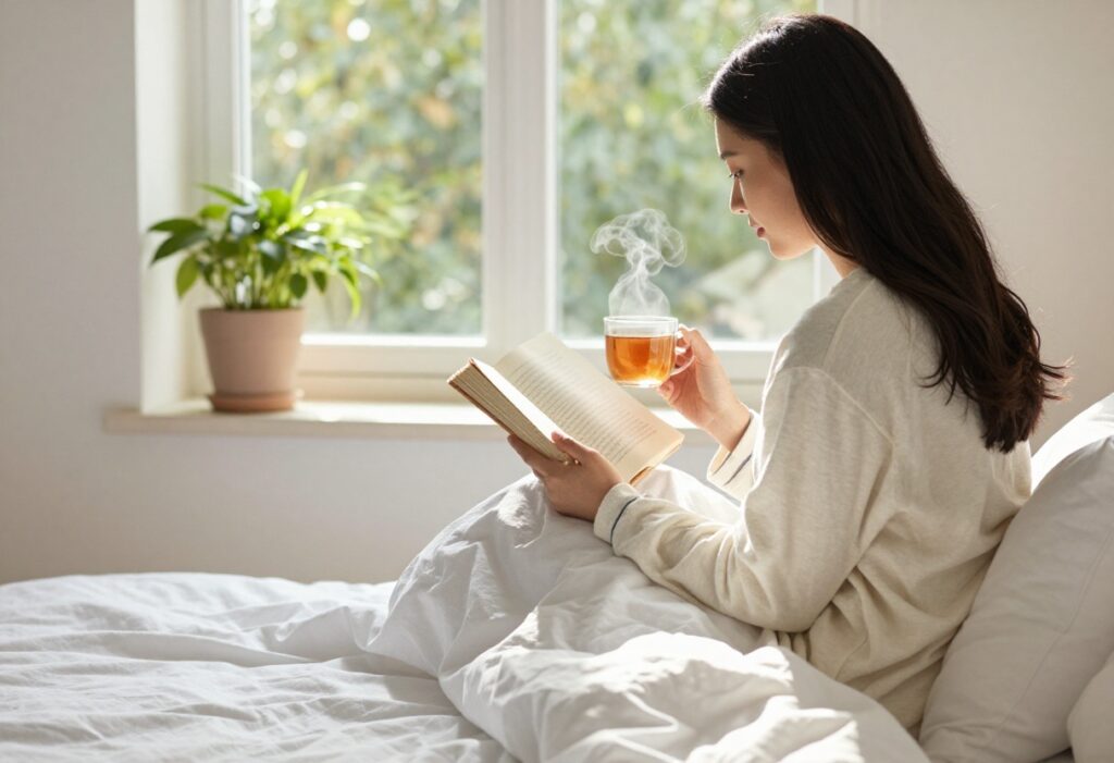 Woman relaxing in a cozy bedroom reading a book with tea and plants
