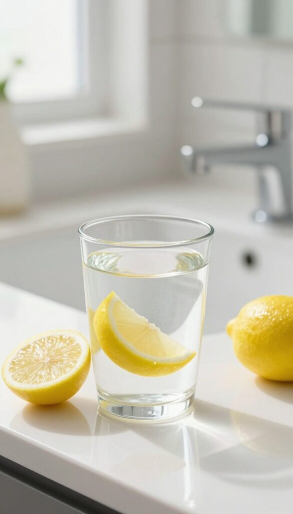 A glass of water with lemon on a bathroom counter, natural light, clean decor