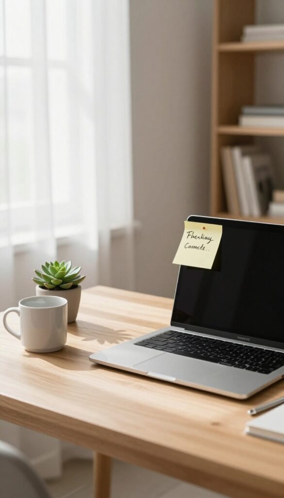 Clean desk setup with laptop, plant, and sticky note in natural light