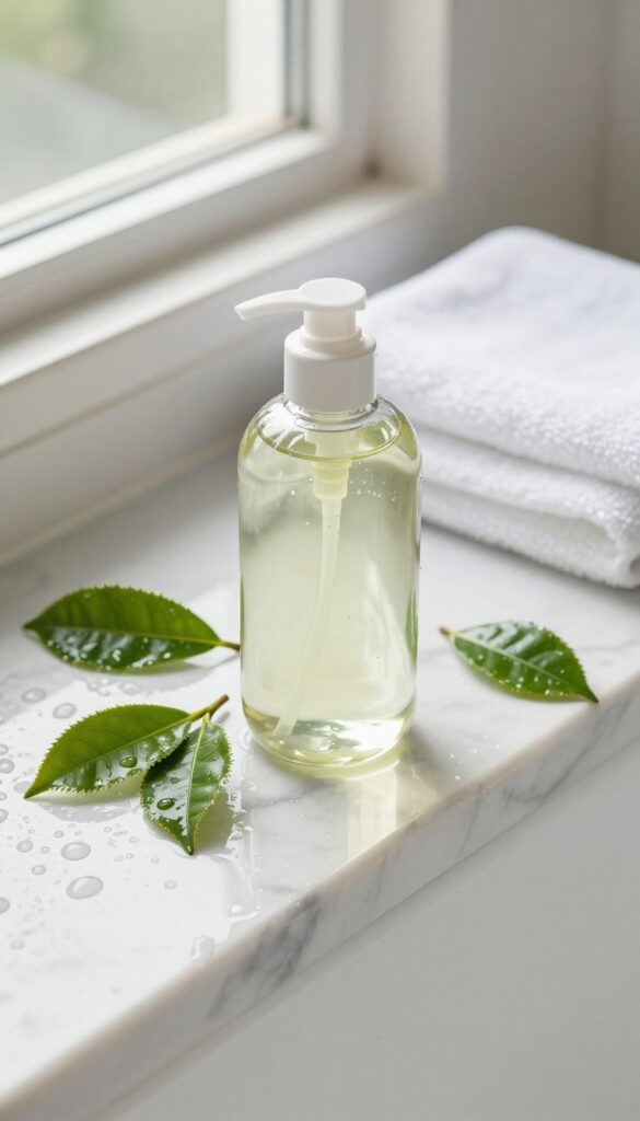Tea tree oil shampoo bottle on a marble shower shelf with green tea leaves and water droplets