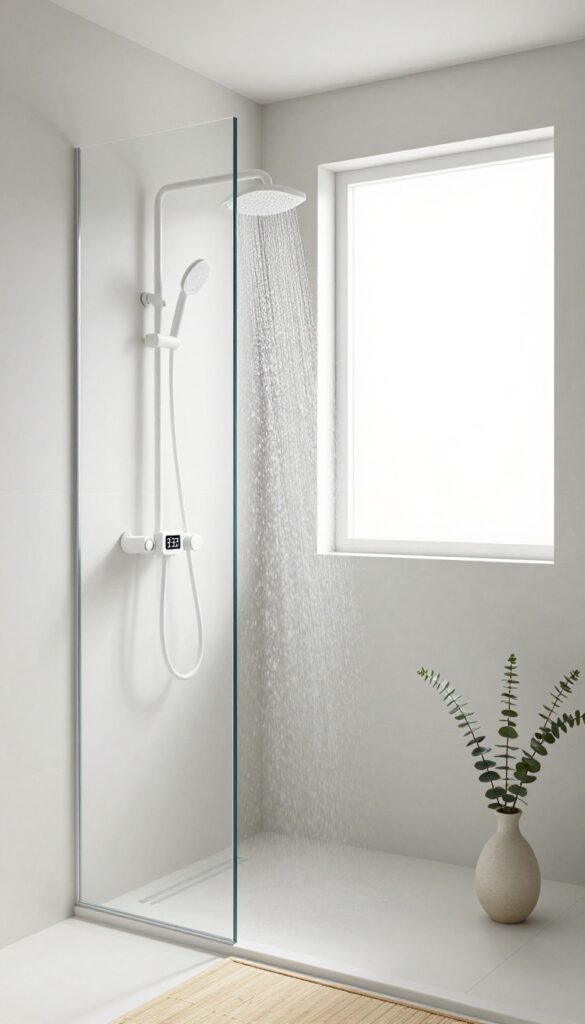 A bright, clean bathroom with a person in the shower and a timer on the wall, embodying an efficient morning routine.