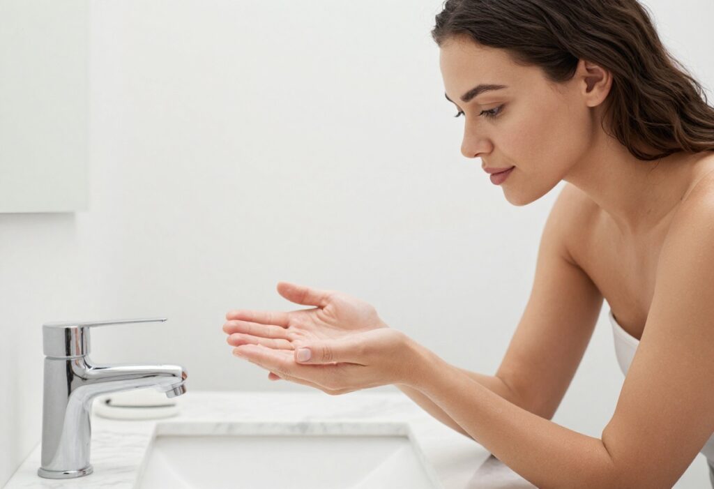 Woman applying body lotion to smooth, glowing skin after shower