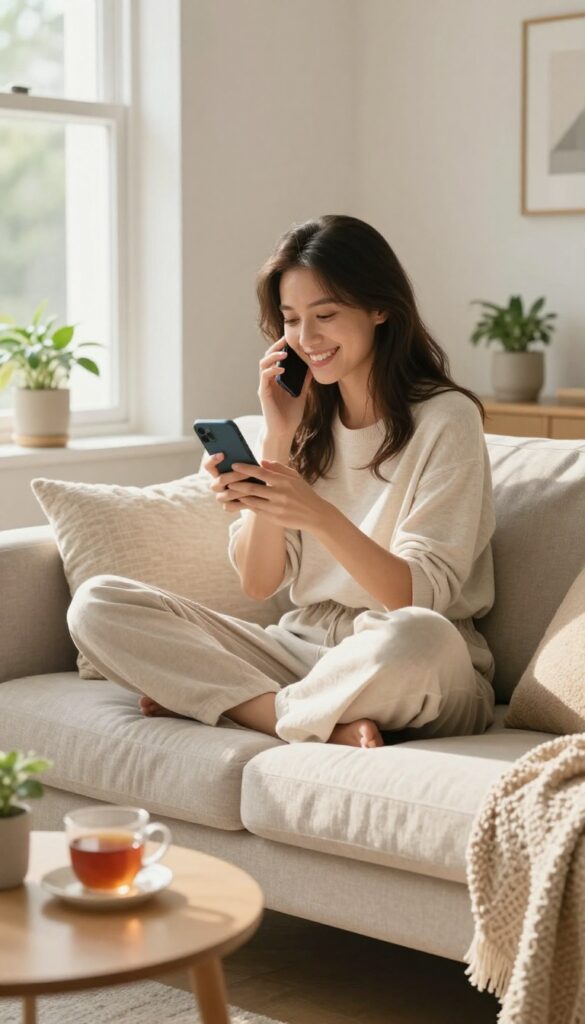 Woman calling a loved one on the phone in a cozy sunlit living room