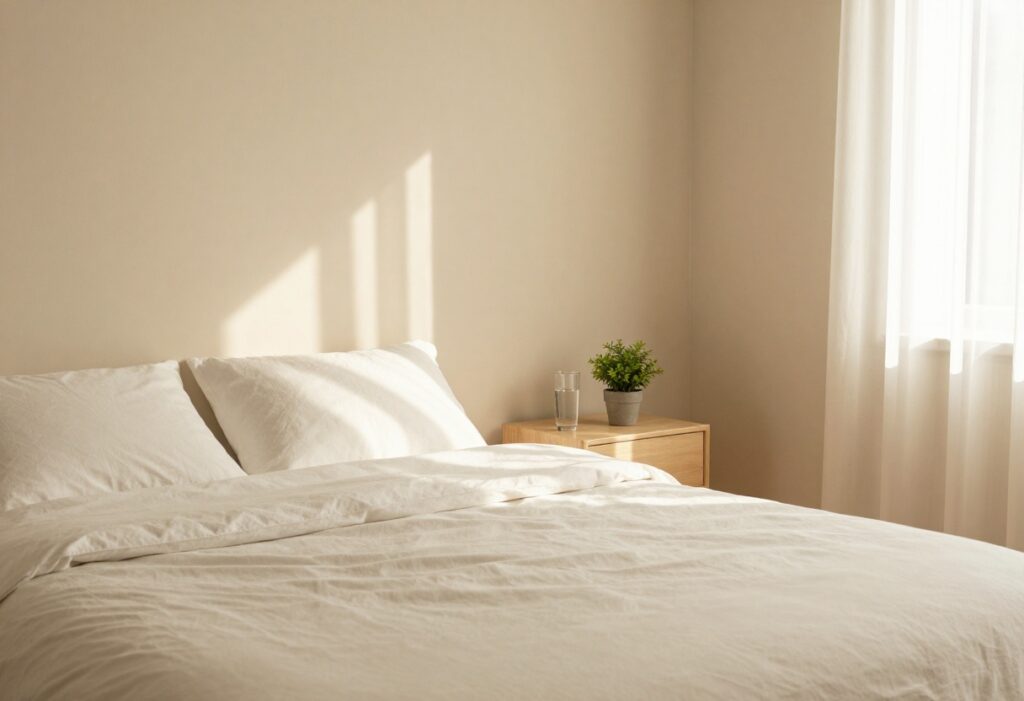 Cozy bedroom with made bed, glass of water, and plant in soft morning light