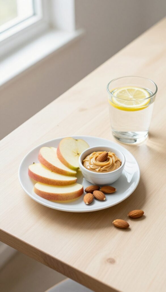 Healthy afternoon snack with apple slices, almond butter, almonds, and lemon water on a wooden table