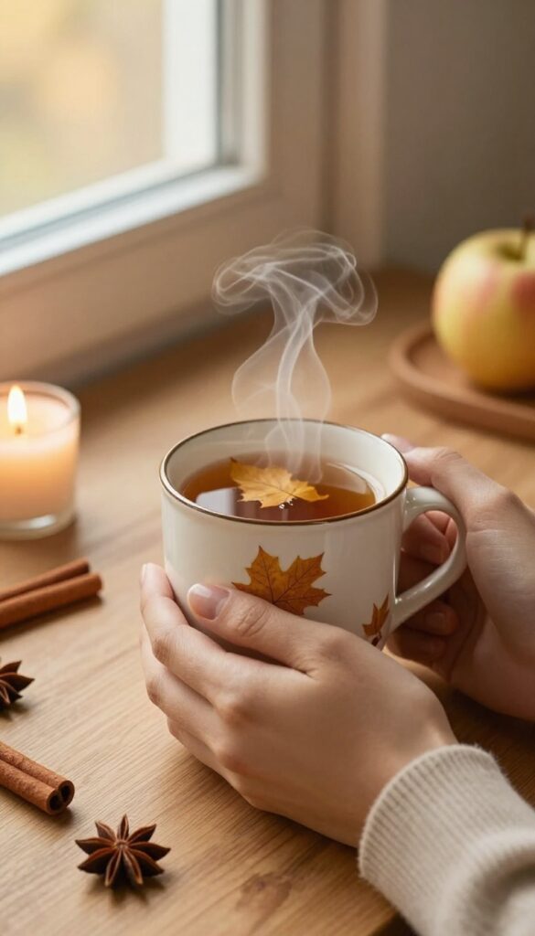 Hands holding a warm mug of apple cinnamon tea with candle and spices in cozy fall setting