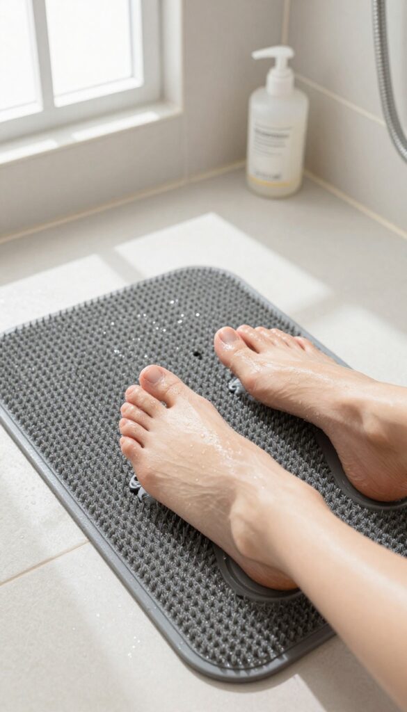 A person using a foot scrubber mat in a shower, with natural light and clean tiles.