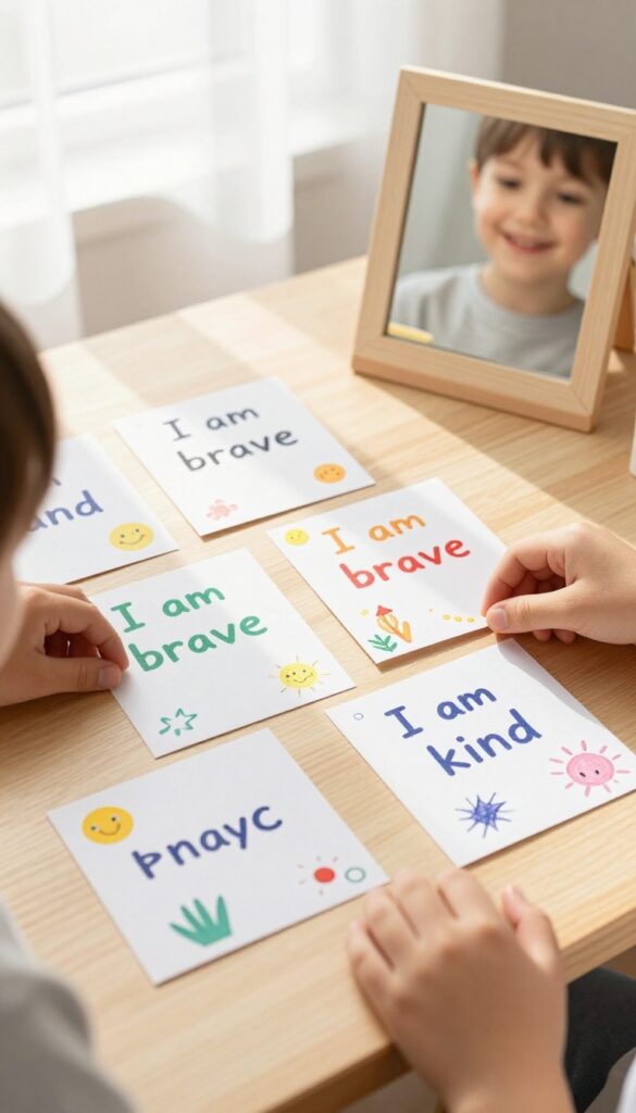 Child holding colorful positive affirmation cards with handwritten phrases like 'I am brave' and 'I am kind' on a wooden table, with a mirror nearby.