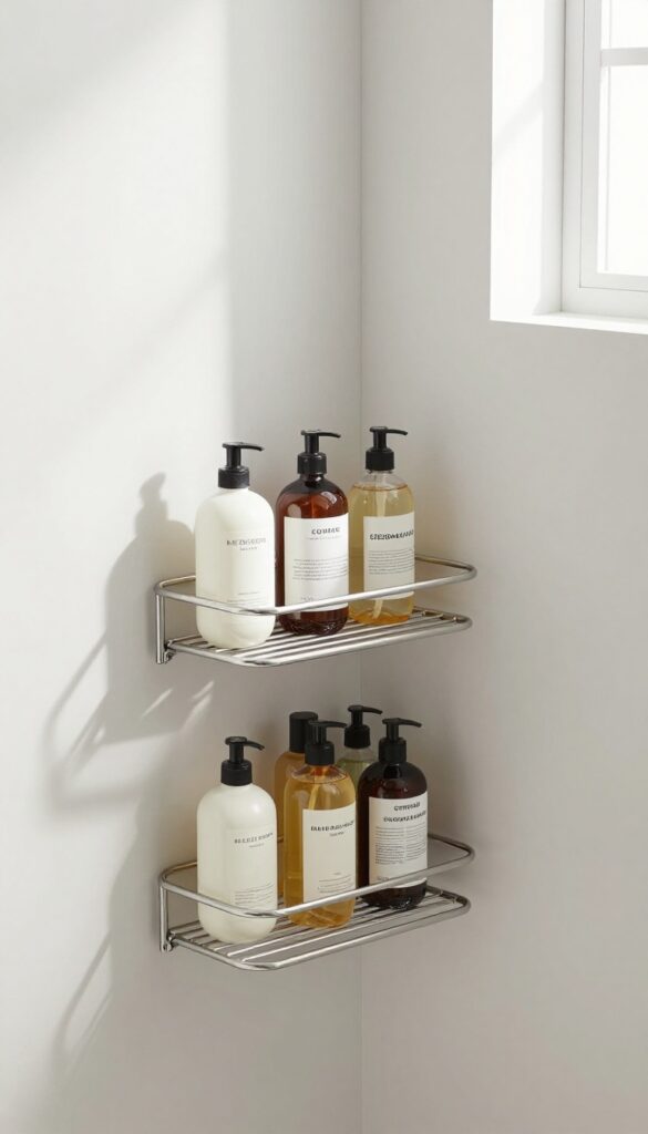 Minimalist stainless steel shower caddy with neatly arranged bottles in a bright clean bathroom