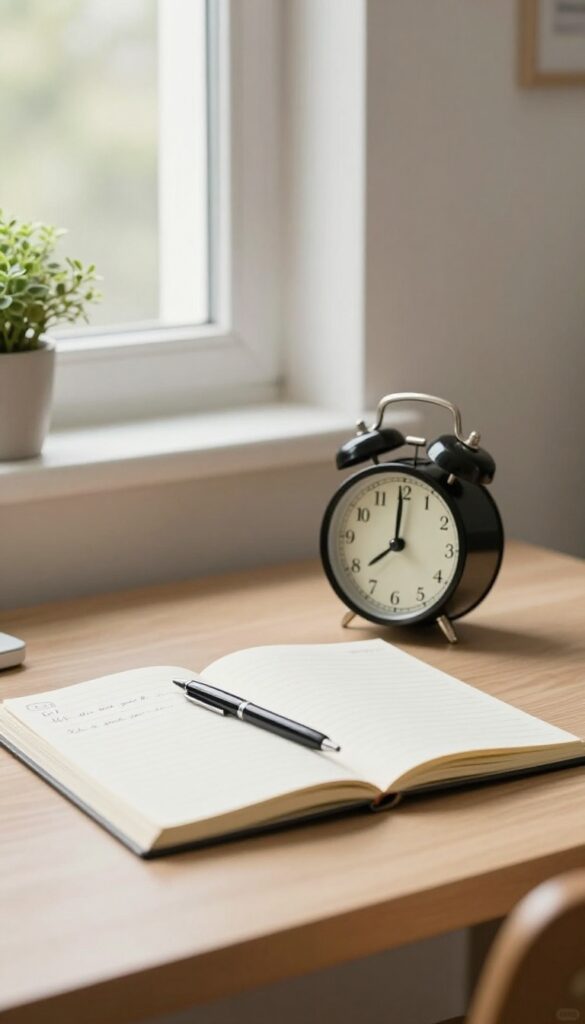 Cozy home office corner with alarm clock and worry notebook